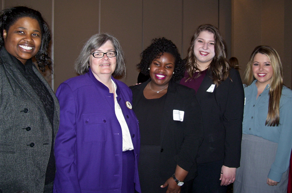 Scholarship recipients with Fran from left:   Ariel Anthony, Frances M. Riley (scholarship chair); Aurelia Patterson, Rachel Cade and Meagan Jones.